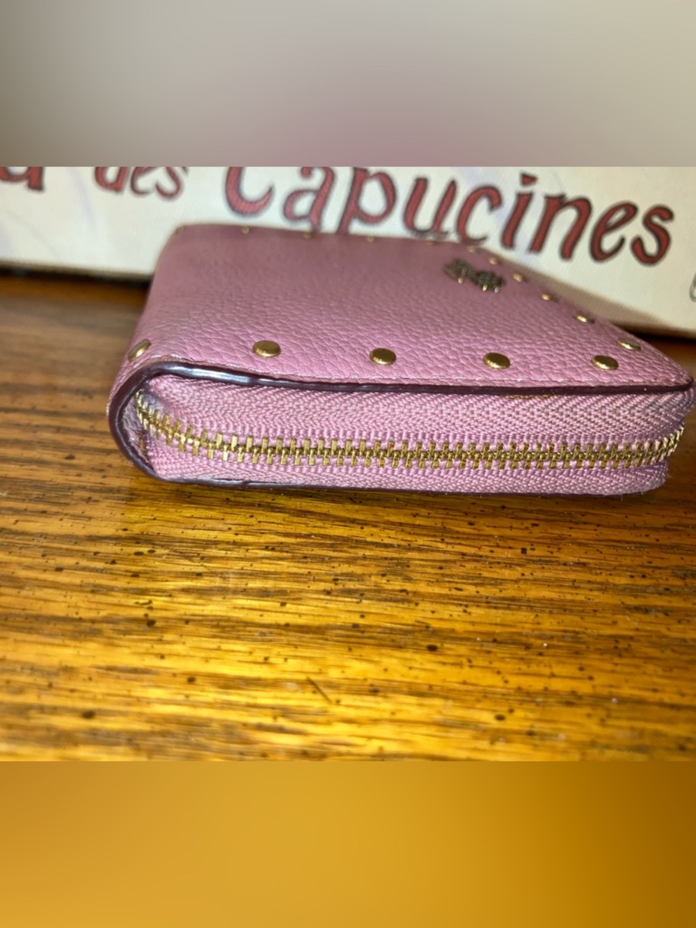 Coach Pebbled Leather Compact Zip Around Wallet with Gold Stud Accents Pink - Picture 4 of 9